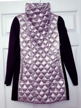 Calvin Klein Metallic Quilted Down Coat with Black Knit Sleeves